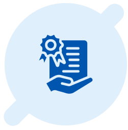 Blue icon of a hand holding a certificate with a ribbon, set against a light blue circular background.
