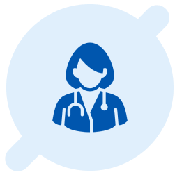 Blue icon of a female doctor or healthcare worker with a stethoscope on a light blue circular background.