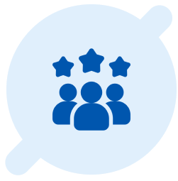 Blue icon of three people with three stars above their heads, symbolizing teamwork, rating, or group achievement, on a light circular background.