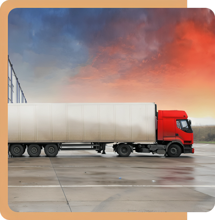 A red semi-truck with a white trailer parked on a wet surface under a colorful sky.