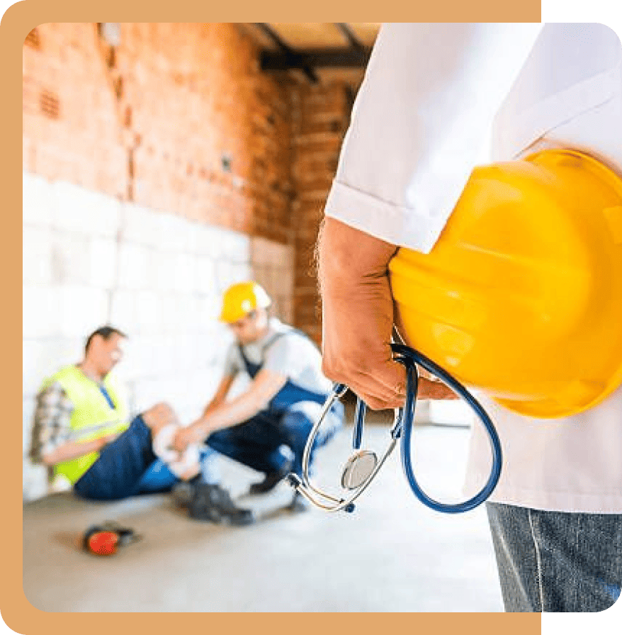 Construction safety meeting with workers and safety helmet.