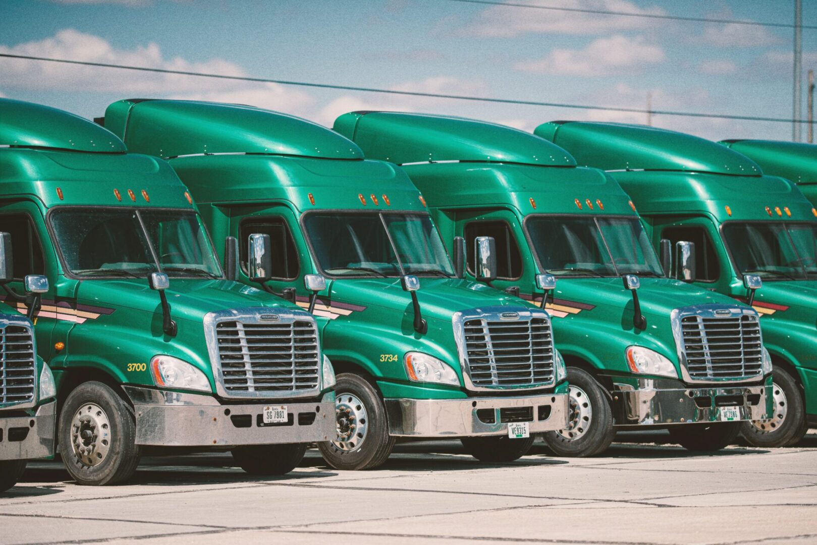 Row of green semi-trucks parked closely together.